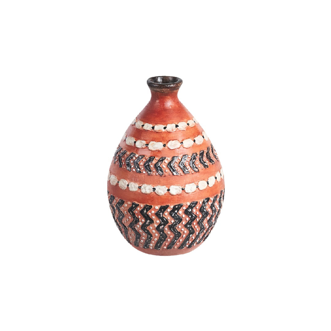 Tribal Style Hand-Painted Ceramic Vase - Rustic Terracotta Decorative Vase with Geometric Patterns