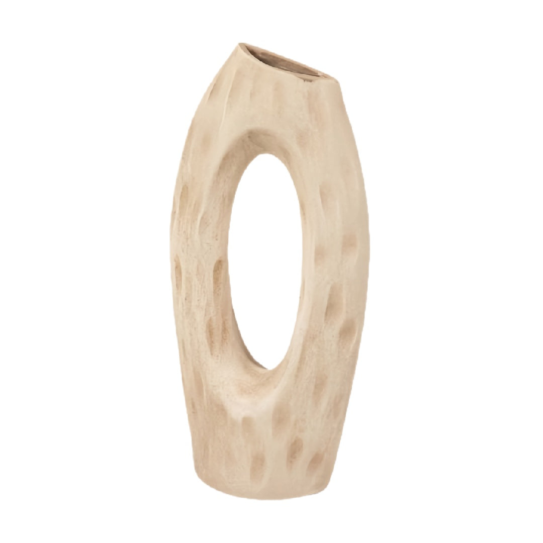 Modern Organic Hollow Ceramic Vase - Textured Sand Beige Sculptural Ring Vase