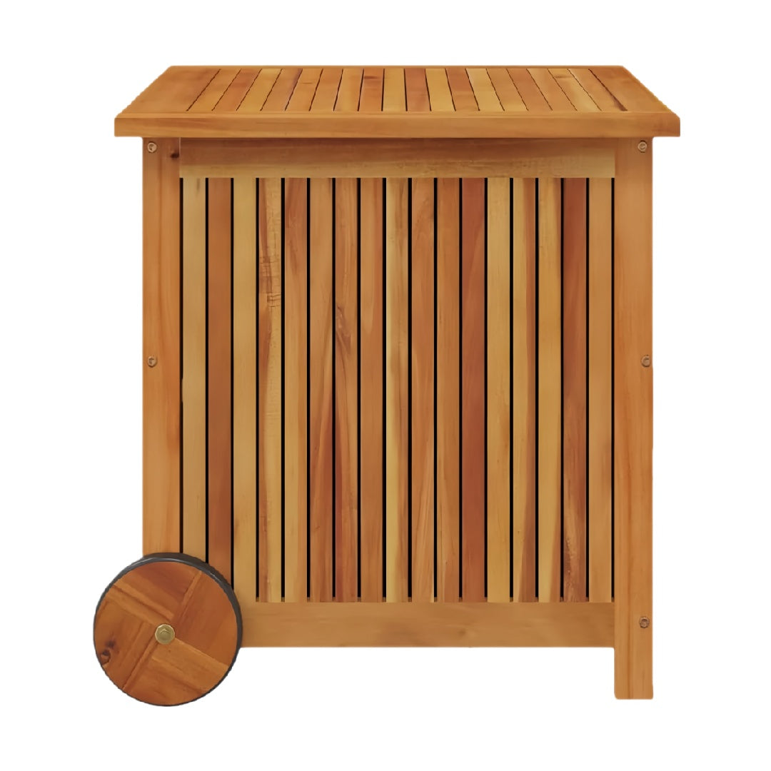 Outdoor Solid Wood Rolling Storage Cabinet with Slatted Panels and Large Wheels
