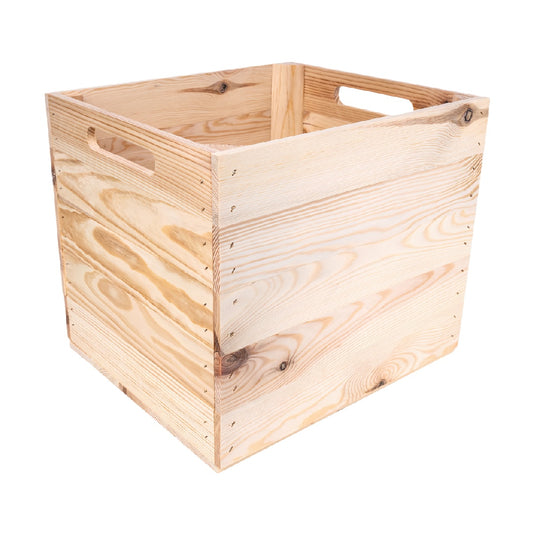 Natural Unfinished Solid Wood Storage Crate with Integrated Handles