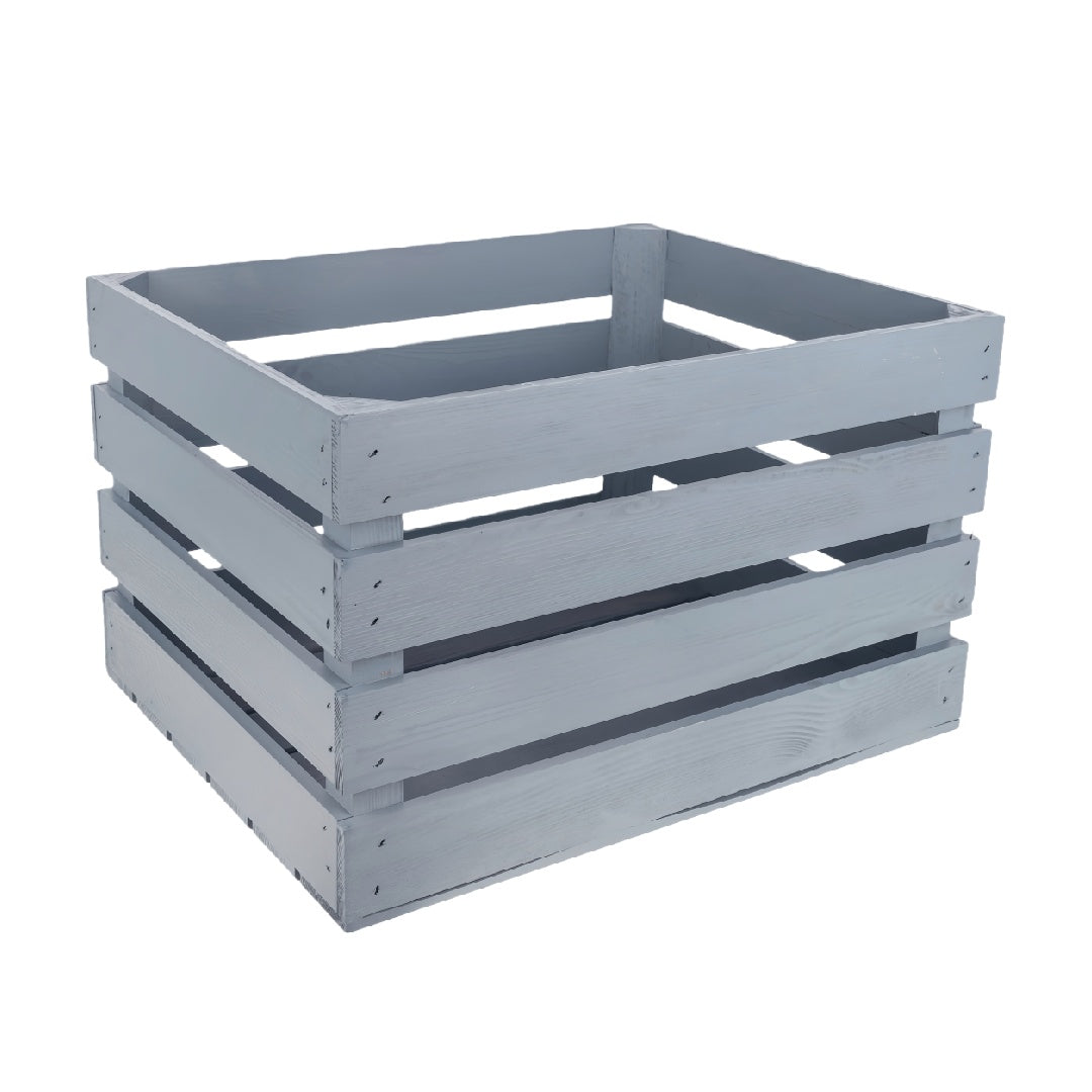 Distressed Light Gray Slatted Wood Storage Crate for Home Decor